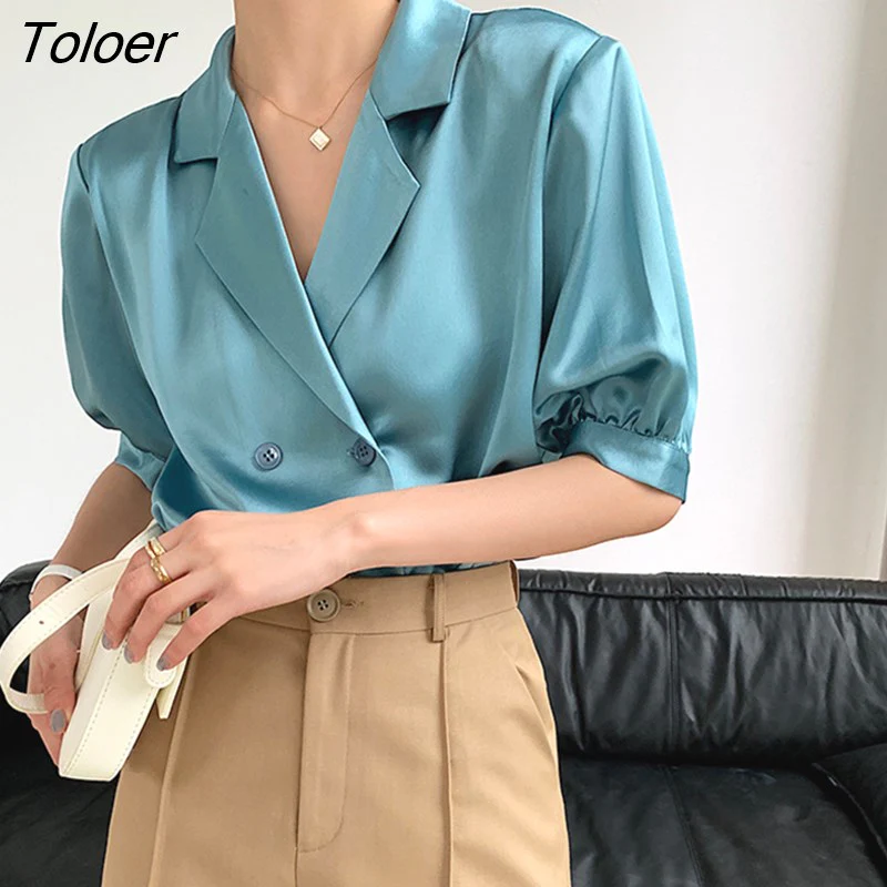 deanwangkt Pink Satin Blouse Women Summer Notched Solid Silk Woman Shirts Puff Sleeve Tops Double-breasted Casual Blue Blouses 22187 - Deanwangkt