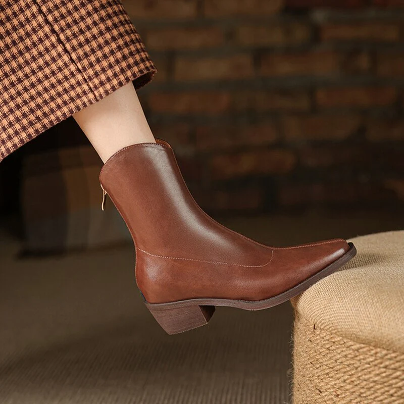 deanwangkt  fashion inspo   NEW Fashion Women Shoes Split Leather Boots Square Toe Chunky Heel Shoes Winter Zipper Western Boots Women Solid High Heel Boots - Deanwangkt