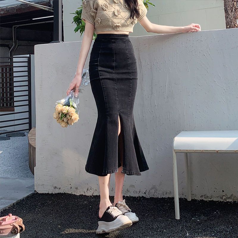 Joskka Sweet Cowboy Fishtail Dress Women Elasticity Slim y2k outfits Vent Buttock Covering Vintage Solid High Waist Denim Skirt - Deanwangkt