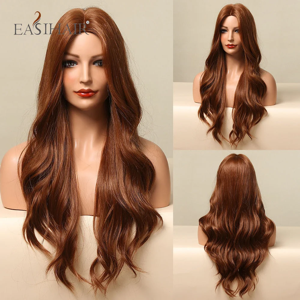 deanwangkt  Long Body Wave Wigs Ombre Black Brown Blonde Synthetic Wig Cosplay Middle Part Natural Heat Resistant Wig For Women - Deanwangkt