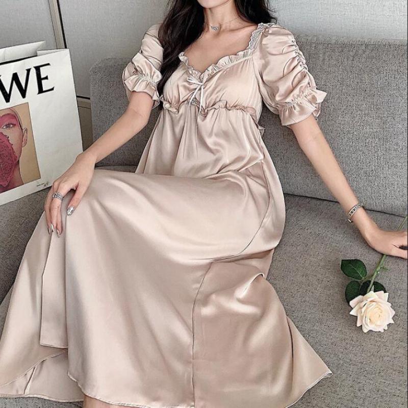 Female Nightgown Elegant Palace Style Princess Long Nightgown Sleepwear Summer Short Sleeve Sleepshirt Satin Silk Home Dress - Deanwangkt