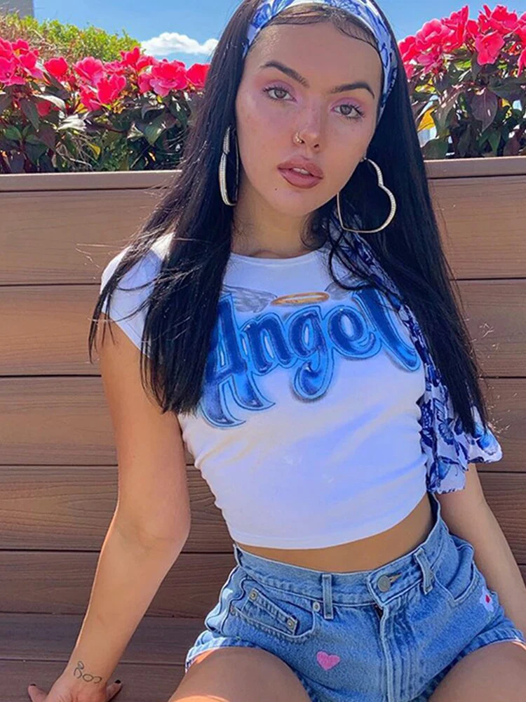 Letter Print Crop Top Graphic T Shirts O Neck Sexy Top Women Short Sleeve T-Shirts Fairy Grunge Slim Basic Baby Tees Y2K Clothes - Deanwangkt
