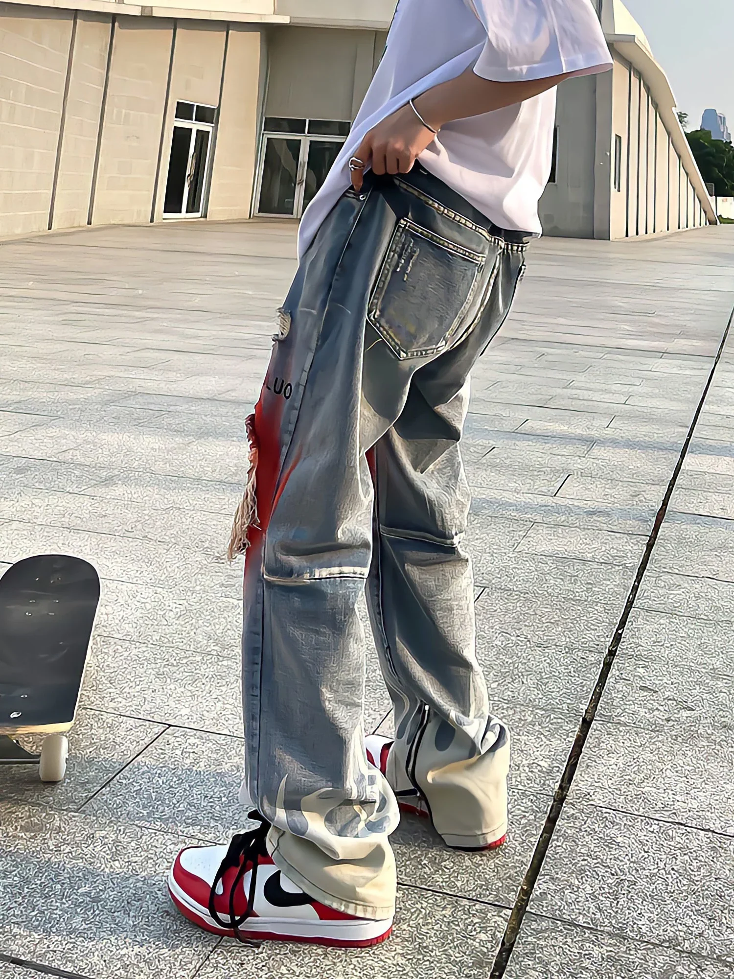 deanwangkt Retro Streetwearflame Print Jeans Y2k Blue Fashion Ripped Wide Leg Pants Hip Hop Gothic Harajuku High Waist Women Trousers - Deanwangkt