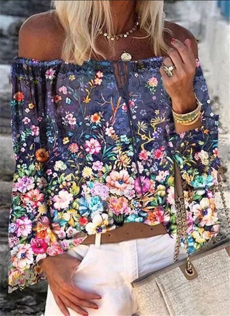 Sexy Women Spring Autumn Ruffles Chiffon Tops Tees Floral Plus Size Belt Off Shoulder Casual Femme Blouse Shirt Befree Boho - Deanwangkt
