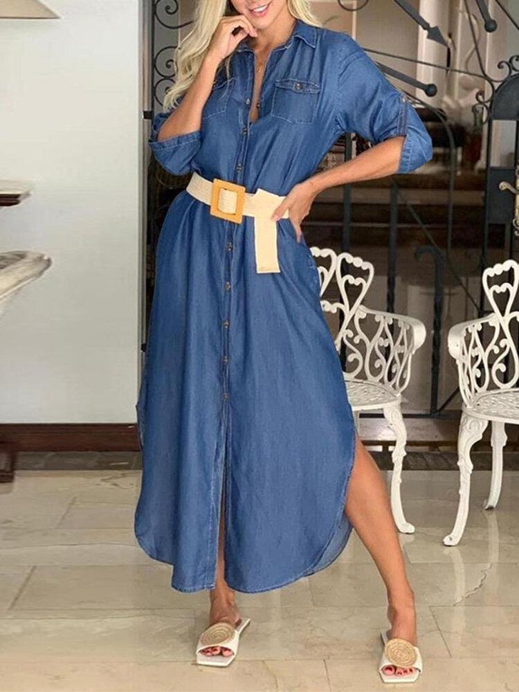 deanwangkt Casual Lapel Button Three Quarter Sleeve Solid Denim Maxi Dress - Deanwangkt