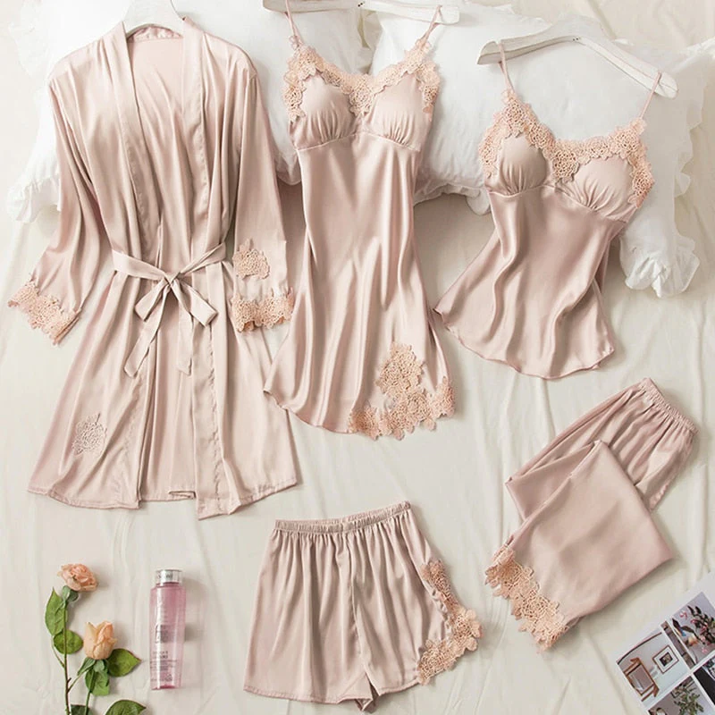 Women Pajamas 5PCS Pajamas Sets Satin Sleepwear Pijama Silk Home Wear Clothing Sexy Lace Sleep Lounge Pyjamas with Chest Pads - Deanwangkt
