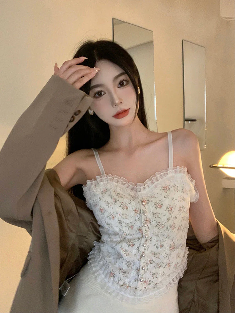 deanwangkt Women Vintage Camisole Summer Floral Chic Korean Girls Single-breasted Pearl Button Lace Crop Top Camisoles For Women Streetwear - Deanwangkt