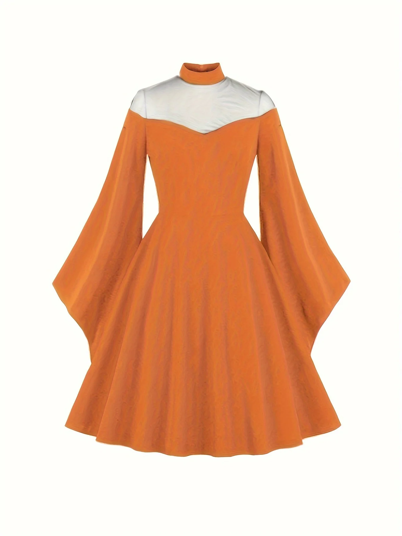 Plus Size Halloween Gothic Dress, Women's Plus Contrast Mesh Bell Sleeve High Neck Swing Party Dress - Deanwangkt