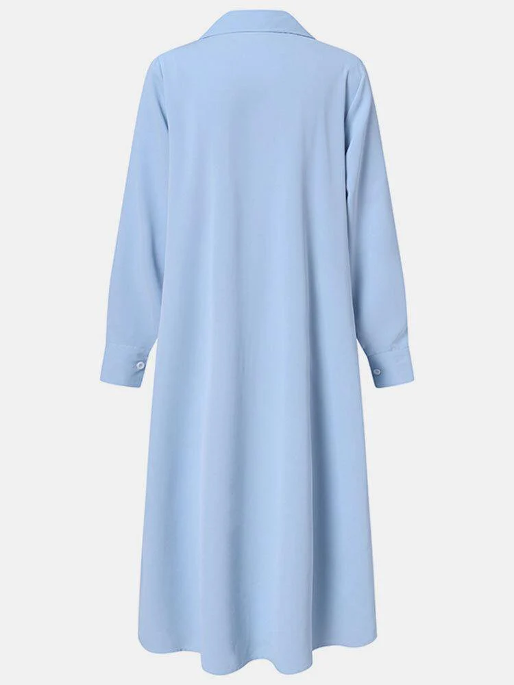 deanwangkt Pure Color Turn-down Collar Long Sleeve Button Irregular Hem Shirt Dress - Deanwangkt