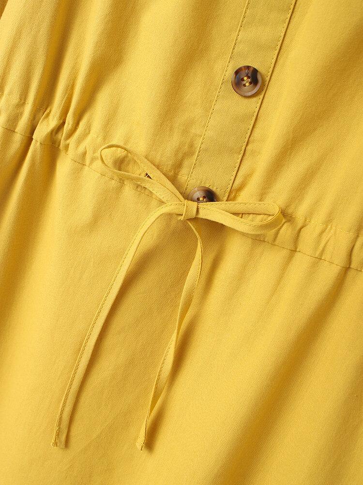 deanwangkt Women Cotton Square Collar Drawstring Waist Elegant Midi Dress with Side Pockets - Deanwangkt