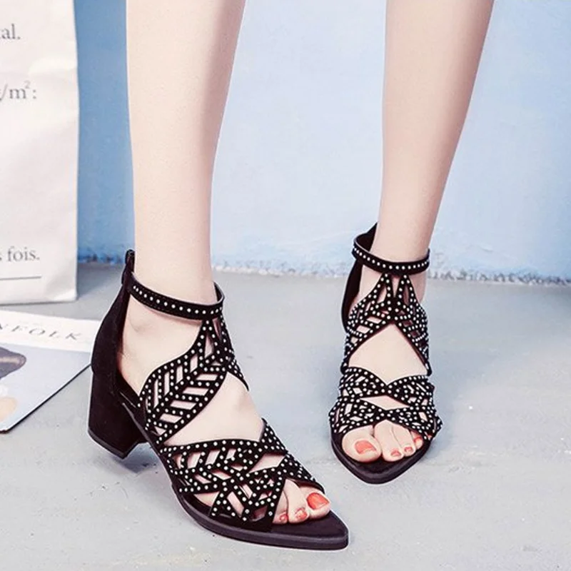 deanwangkt New Style Women Summer Rhinestone Hollow Out Faux Leather Thick Heel Zipper Sandals Shoes Sexy Plus Size Ladies Sandals - Deanwangkt