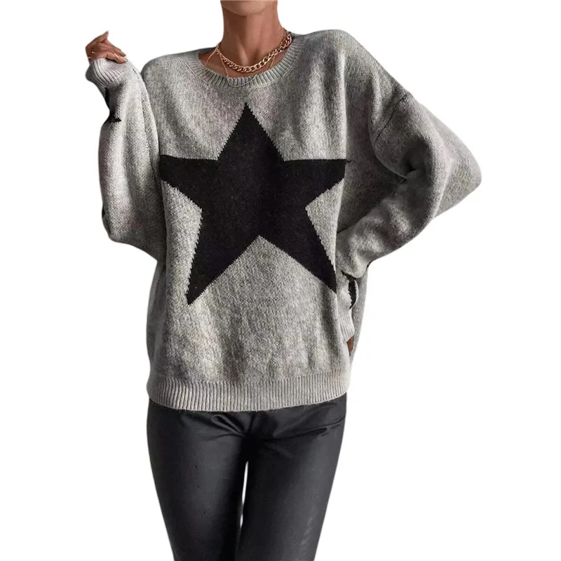 deanwangkt women loose knitted sweater Star Pattern Pullovers Ladies Round Collar Long Sleeve Knitwear Jumpers Y2k Clothes Streetwear - Deanwangkt