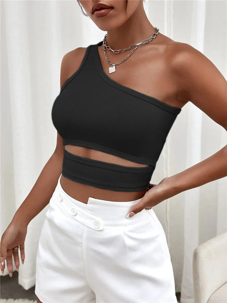 deanwangkt Solid One Shoulder Ribbed Knit Tank Top for Women Summer Black Sexy Y2K Clothes Street Style Goth Cut Out Crop Top Streetwear - Deanwangkt
