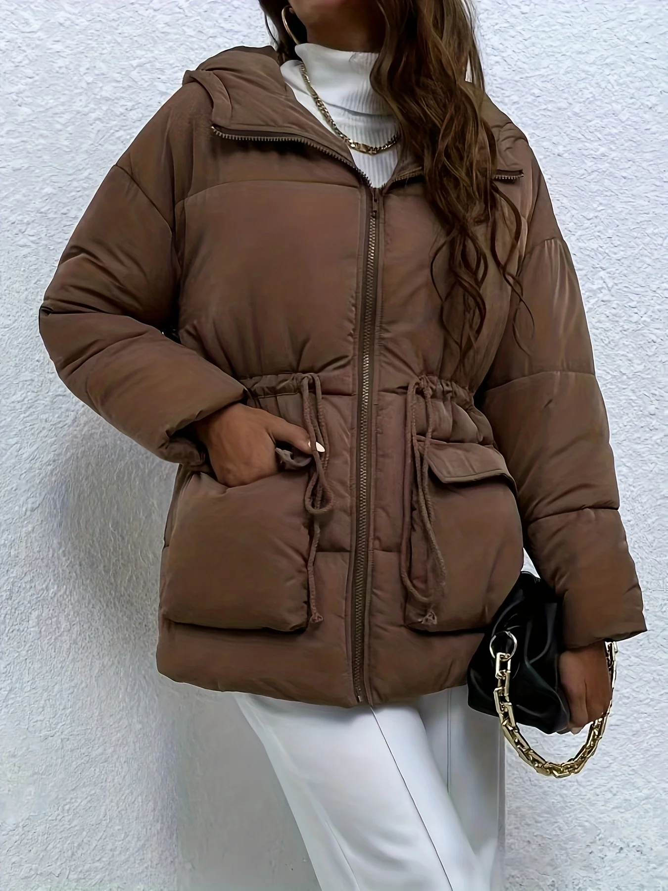 Drawstring Warm Hooded Coat, Casual Zip Up Long Sleeve Winter Outerwear, Women's Clothing - Deanwangkt