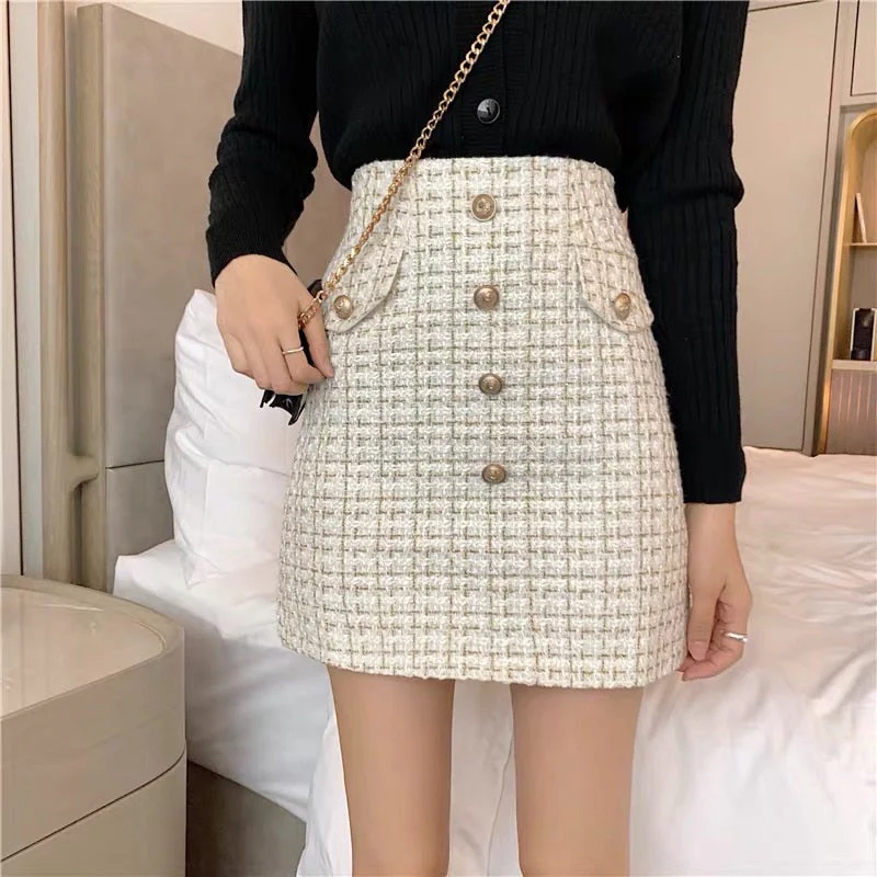 deanwangkt Plaid Tweed Skirts Office Lady High Waist Mini Skirt Woolen Clubwear Vintage Buttons Black White Zipper Shorts Skirt - Deanwangkt