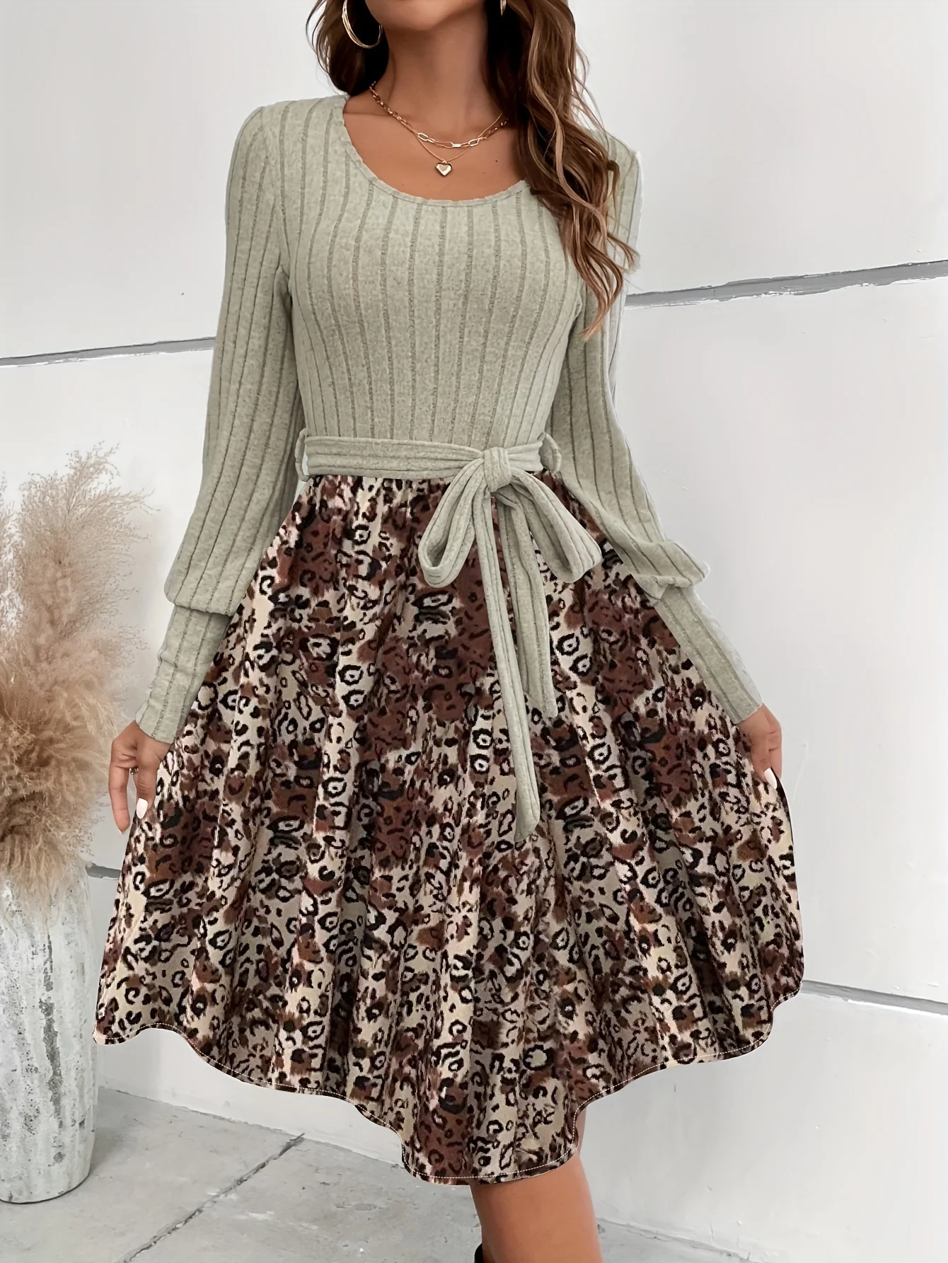 Leopard Print Splicing Dress, Elegant Crew Neck Long Sleeve Dress, Women's Clothing - Deanwangkt