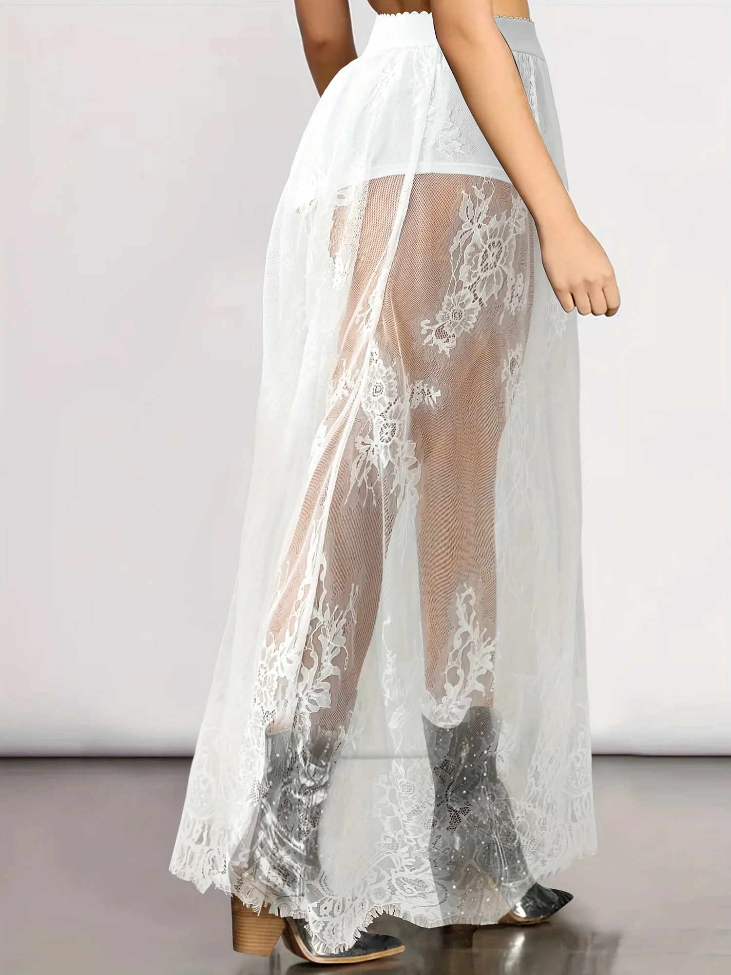 Sheer Lace Raw Hem Skirt, Stylish High Waist Skirt For Spring & Summer, Women's Clothing - Deanwangkt