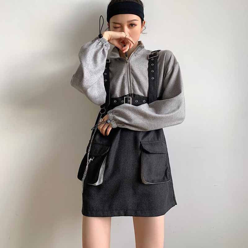 deanwangkt  Retro Vintage Women Gothic Girls Punk Mini Dress High Waist Long Sleeve Hat Collar Sexy Gry Black Lolita Plus Size Jurken - Deanwangkt