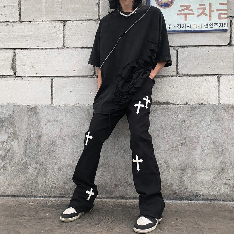 DEANWANGKT Gothic Denim Trousers Male Jeans For Men  Goth Flare Pants Men Jeans Pants Slim Fit Punk Rave Hip Hop Streetwear - Deanwangkt