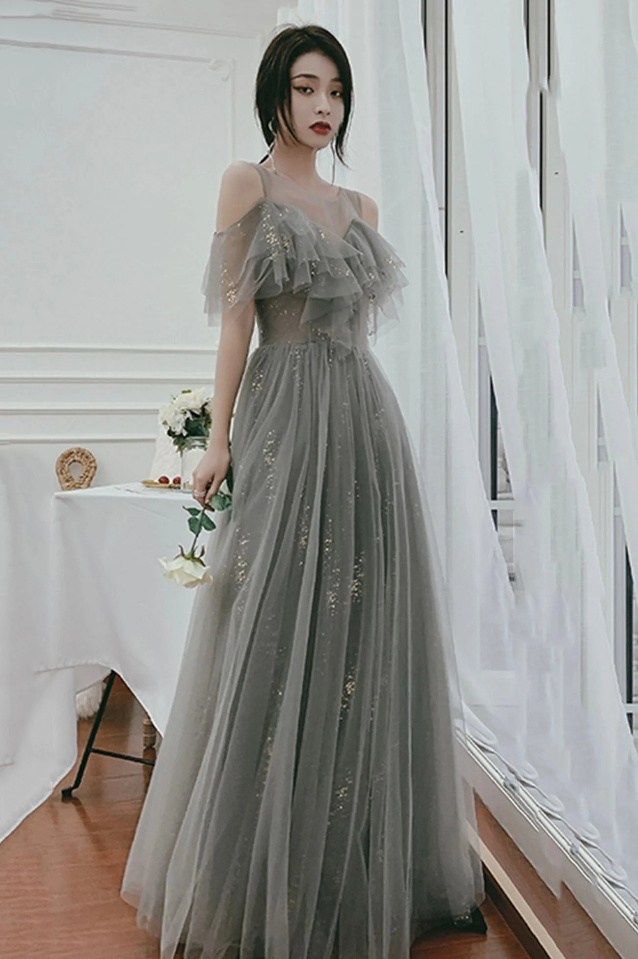 solvbao Gray Tulle Sequins Long Prom Dresses, A-Line Evening Dresses - Deanwangkt