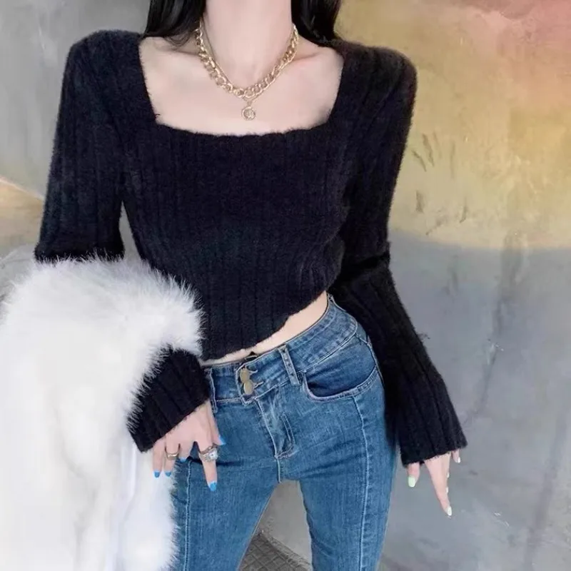 deanwangkt Autumn Winter Knitting Crop Tops Women Skinny Sweaters Bottom Shirts Fashion Female Long Sleeve Pullover Casual Knitted Sweater - Deanwangkt