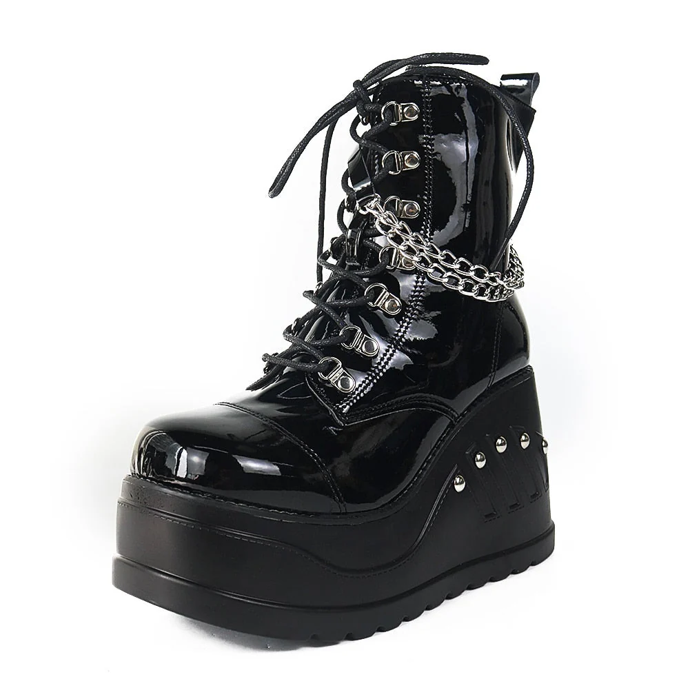 DEANWANGKT  Band Goth Platform Wedges Punk Chunky Mid Calf Boots Women Thick Heel Autumn Trendy Cosplay Casual Shoes Women - Deanwangkt
