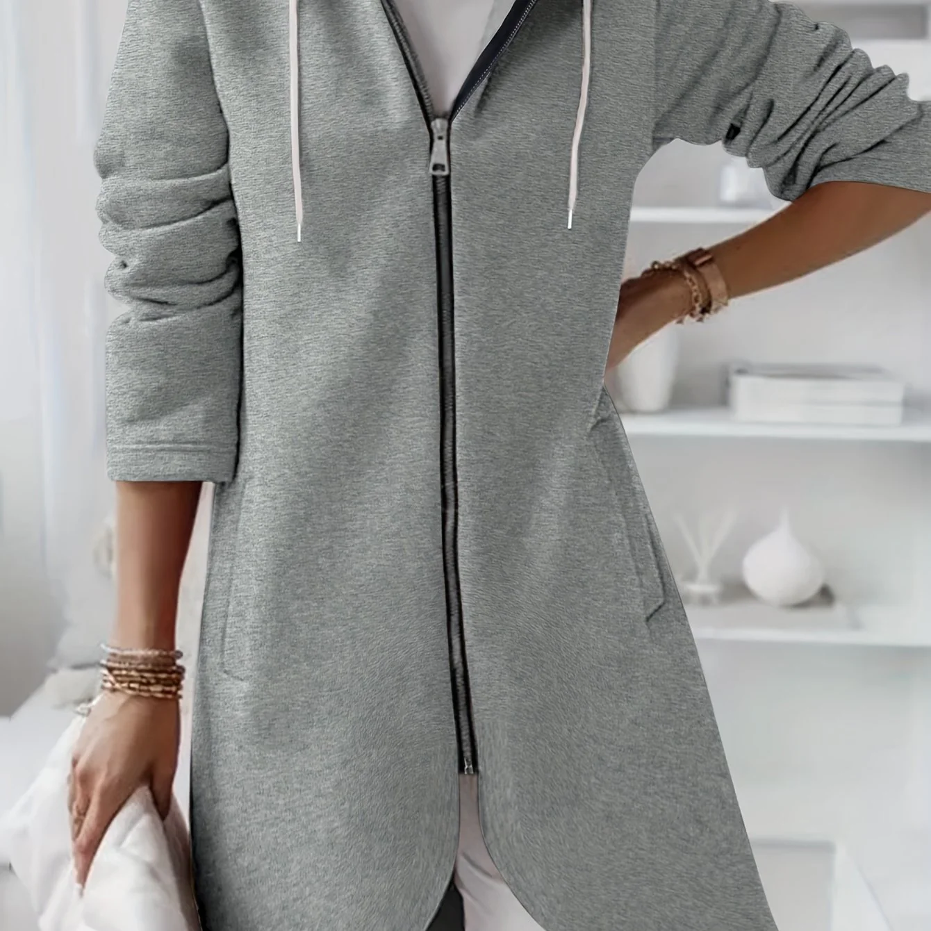 deanwangkt-1  Solid Zipper Drawstring Midi Hooded Jacket, Casual Long Sleeve Slant Pockets Jacket For Fall, Women's Clothing - Deanwangkt