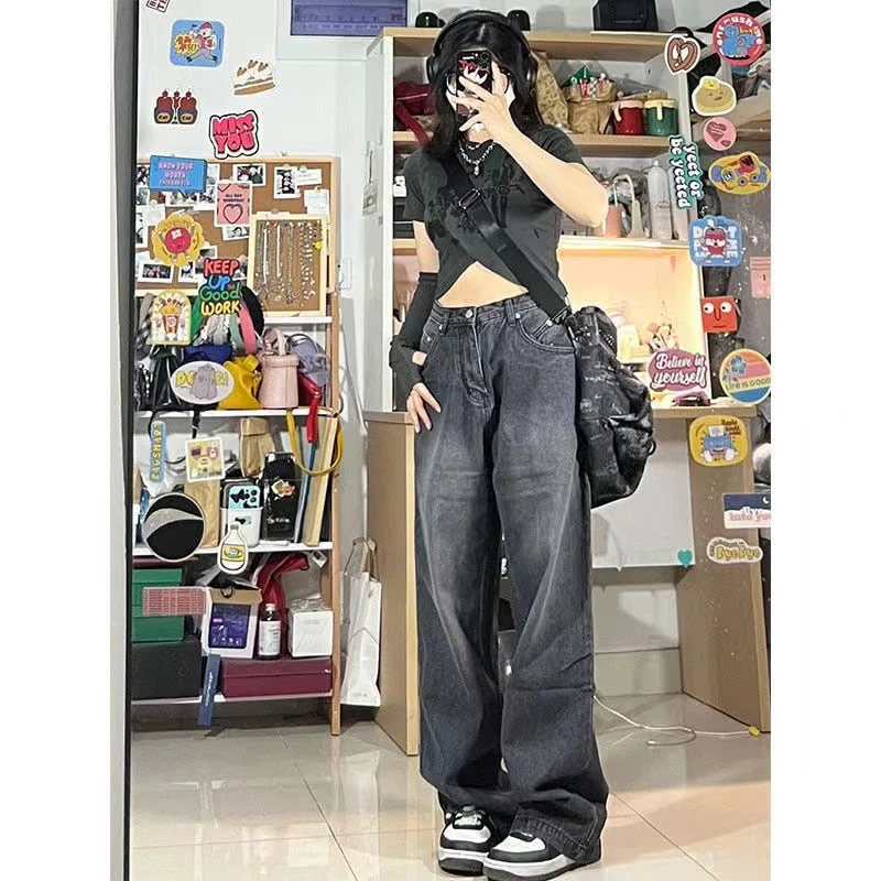 deanwangkt Women Vintage Streetwear Black Baggy Korean Jeans High Waiste Oversize Wide Leg Pants Grunge Denim Trousers Y2K Alt Clothes - Deanwangkt