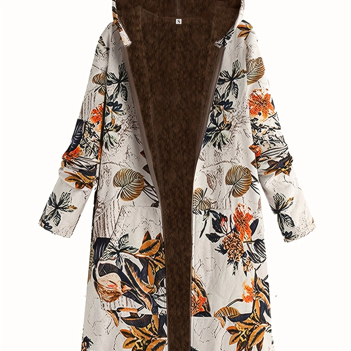 deanwangkt Floral Print Pocket Hooded Coat, Casual Longline Long Sleeve Thermal Coat For Fall & Winter, Women's Clothing - Deanwangkt