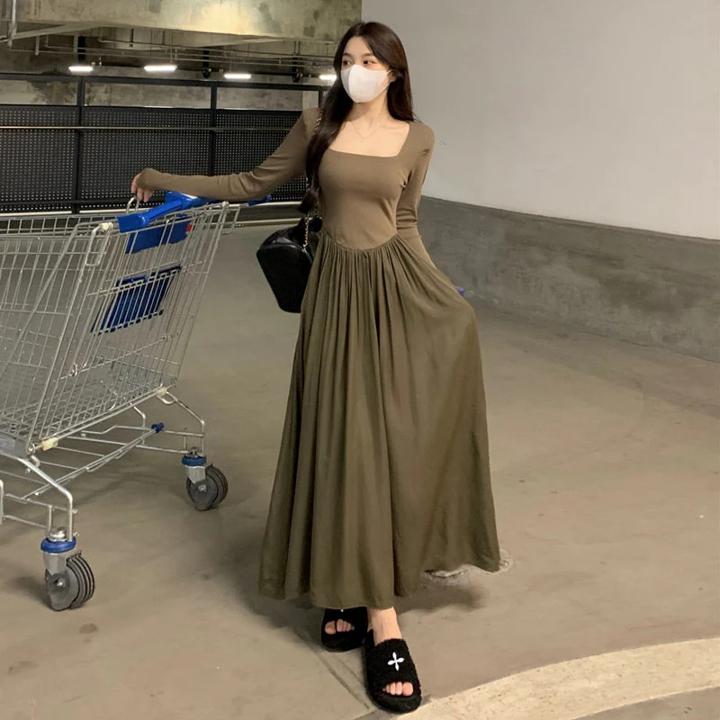 deanwangkt Spring  New Hepburn Style Gentle Temperament Pocket Waist Slim Panel Large Hemline Long Sleeve Dress - Deanwangkt