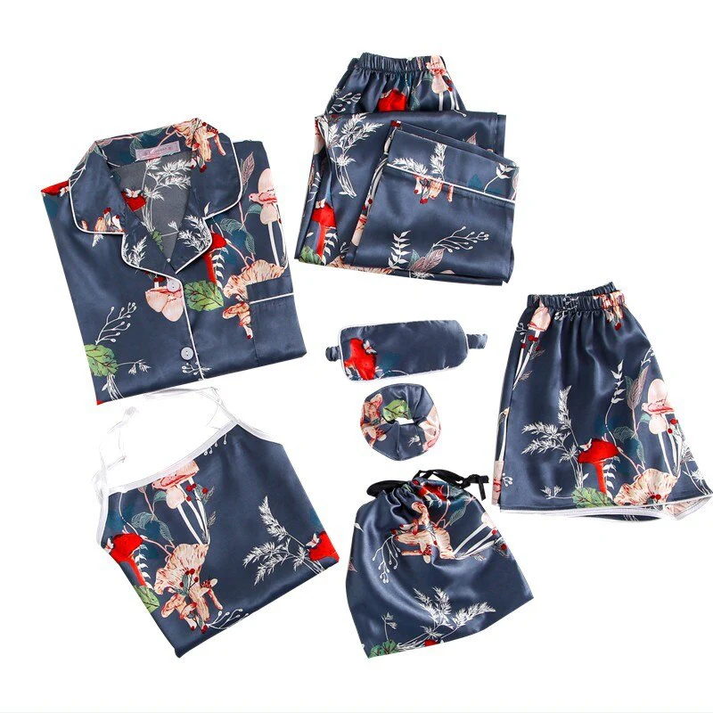 deanwangkt Pajamas Set Women Summer Sexy Flower Pyjamas Sexy Female Long Sleeve Shirt Pants Handwork Stitch Lingerie Striped Mom Sleepwear - Deanwangkt