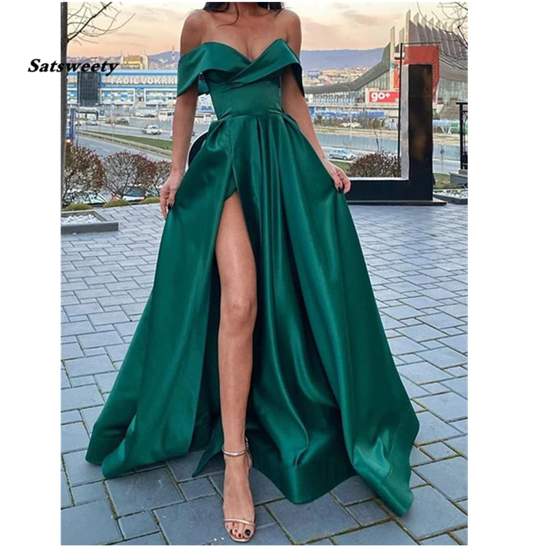 Off the Shoulder Emerald Green Satin Long Prom Dresses with Leg Slit V-neck Floor Length Arabic Evening Gowns robe de soiree - Deanwangkt