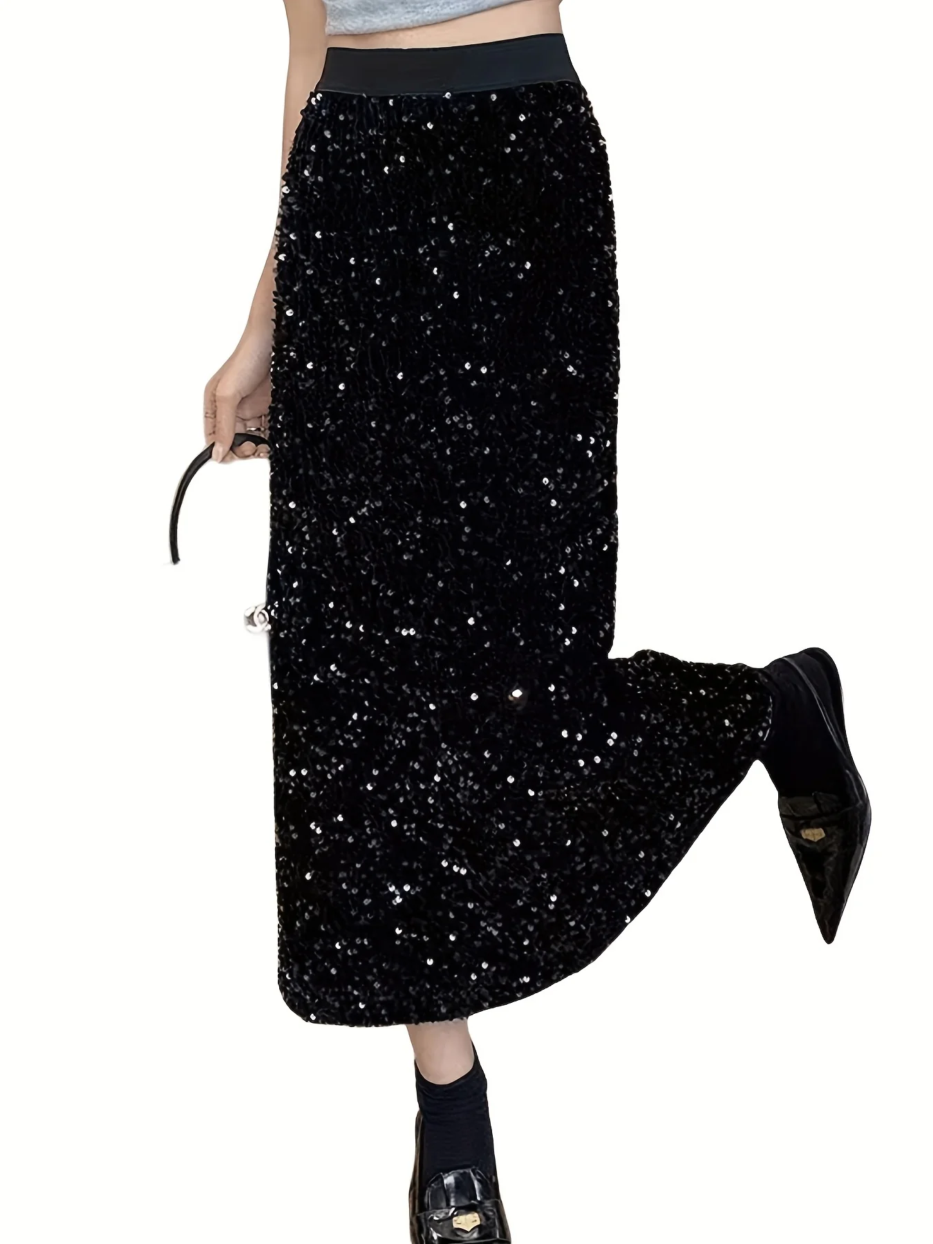 deanwangkt-1 Solid Sequin High Waist Skirt, Casual Elastic Waist Split Skirt, Women's Clothing - Deanwangkt