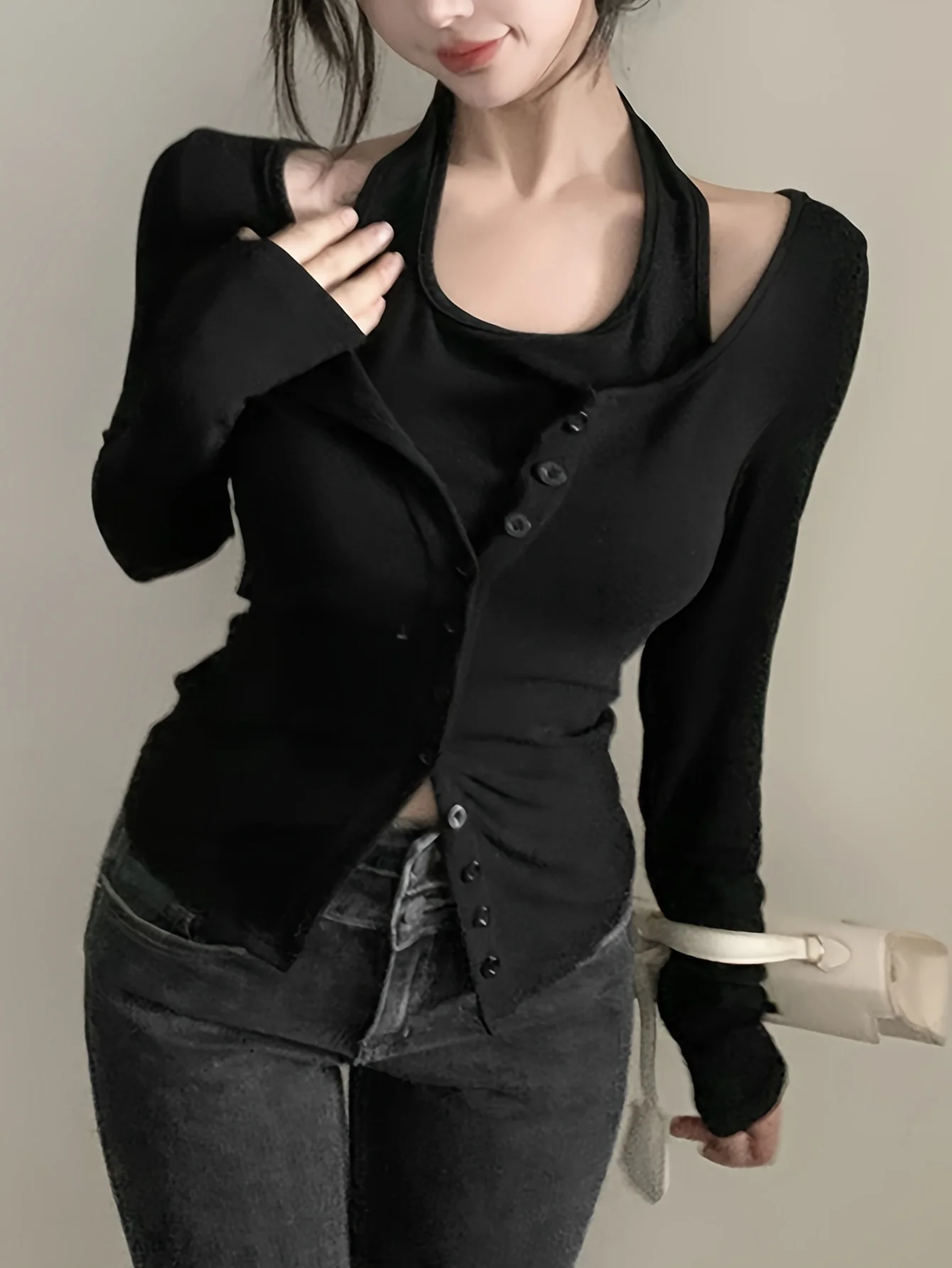 deanwangkt  Faux Twinset Halter Neck Top, Casual Long Sleeve Button Top For Spring & Fall, Women's Clothing - Deanwangkt