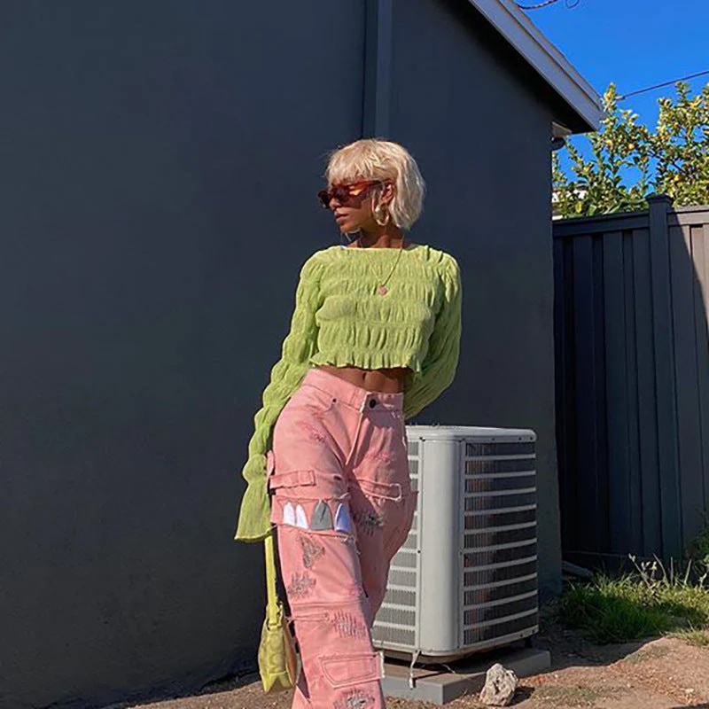 deanwangkt  Autumn Women's New Korean Style Pleated Round Neck Long-sleeved Belly Button All-match Crop Top Women Y2k Aesthetic - Deanwangkt