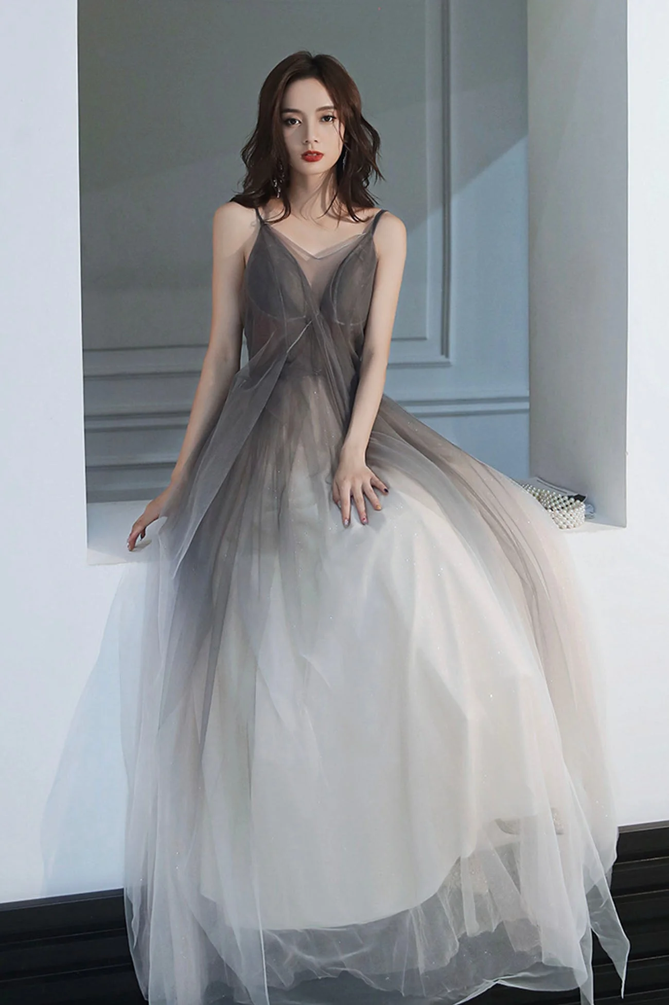 solvbao Gray Tulle Long Prom Dress, A-Line Backless Evening Dress - Deanwangkt