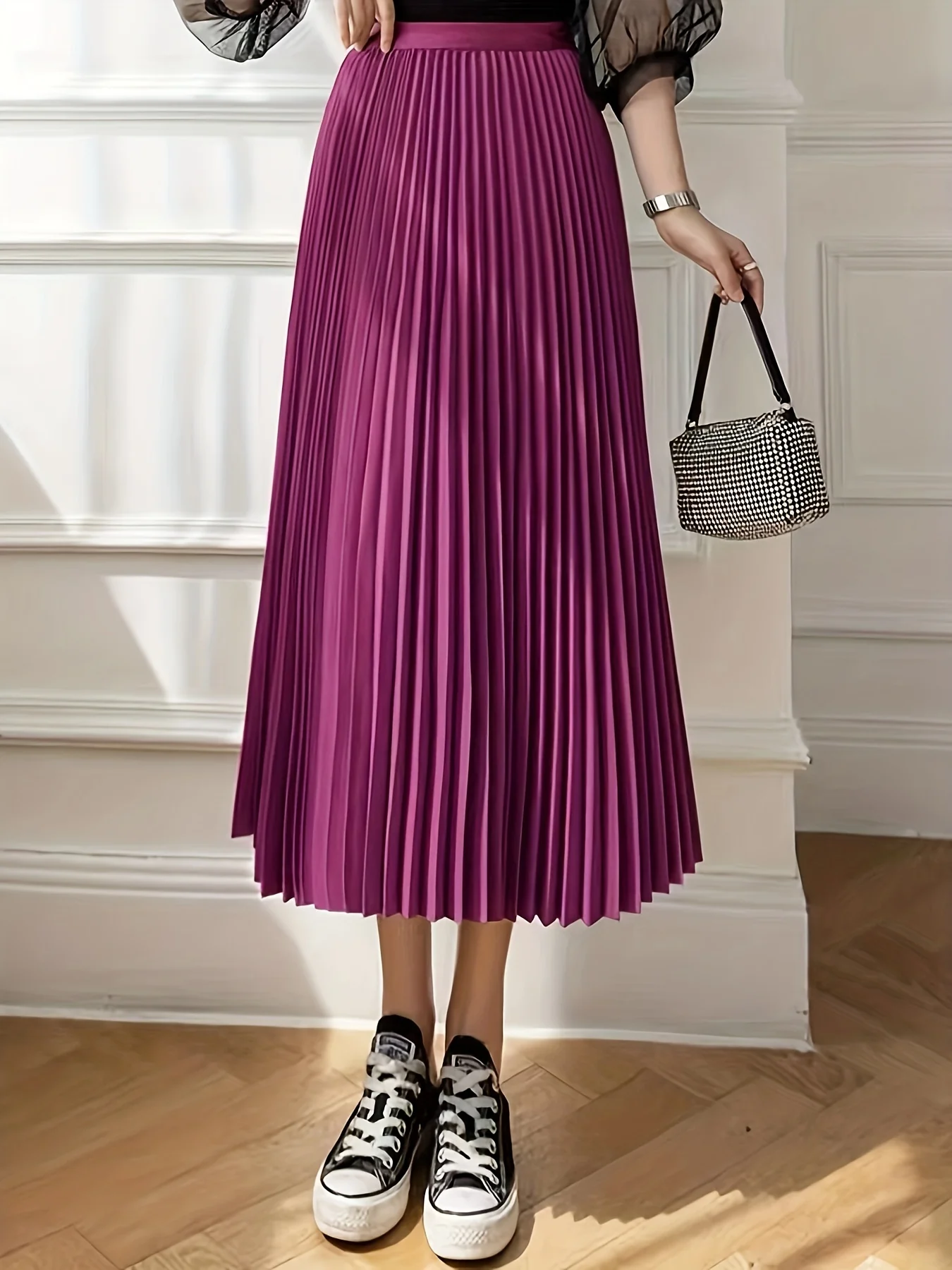 deanwangkt-1 Solid Pleated Skirts, Elegant High Waist A Line Midi Skirts, Women's Clothing - Deanwangkt