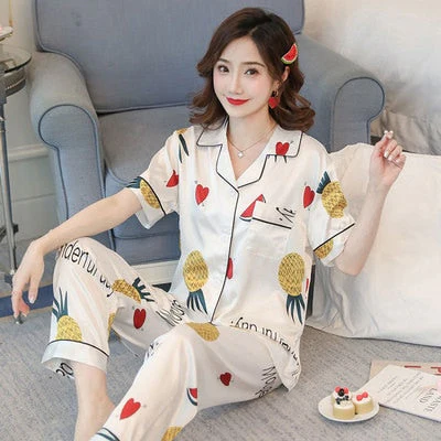 Newest Silk Pajamas for Women Sweet Leopard Pyjamas Woman Elegant Short Sleeve Long Pant Homewear Ladies Sleepwear Sets - Deanwangkt