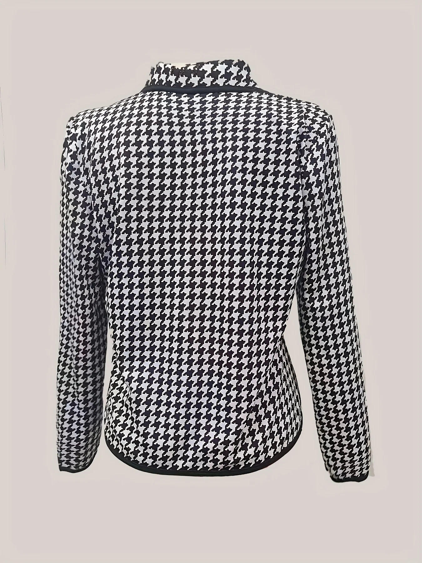deanwangkt-1 Houndstooth Print Lapel Blazer, Elegant Open Front Long Sleeve Outerwear, Women's Clothing - Deanwangkt