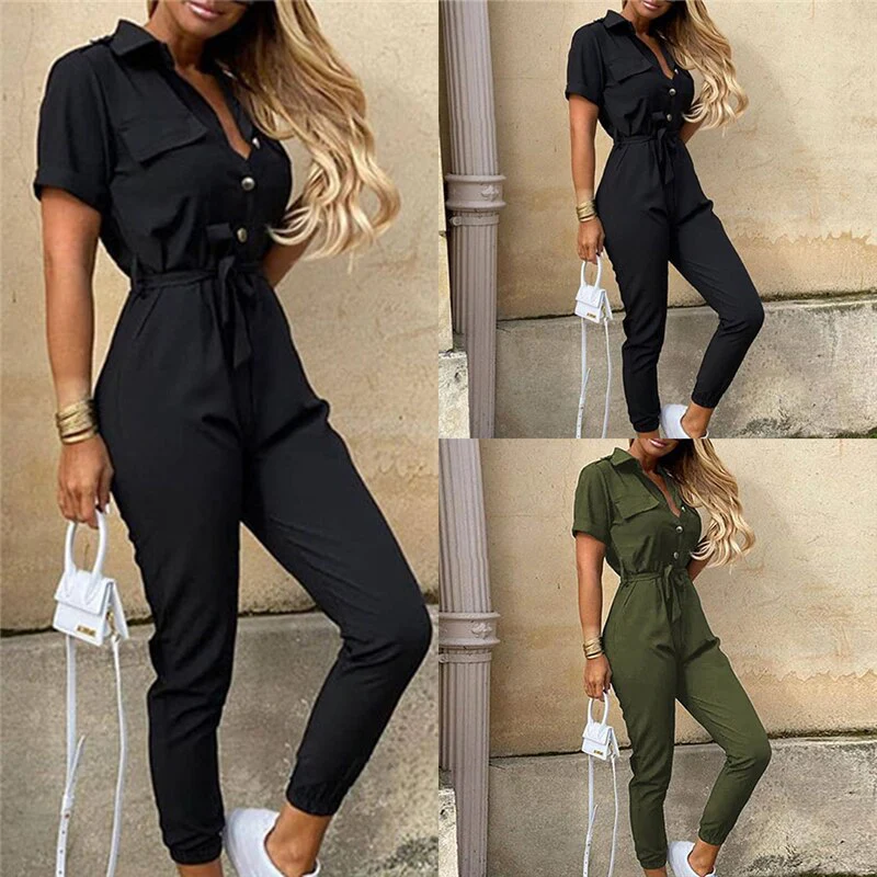 Elegant Solid Jumpsuit Women Summer  Deep V Neck Button Shirt Overalls Short Sleeve Office Lady One Piece Romper Belt - Deanwangkt