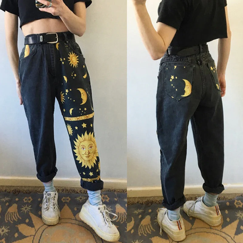 deanwangkt Digital Moon Star Printed Straight Pants Trendy Pants Jeans Fashion Printed Ladies High Waist Young Girls Chic Denim Pants - Deanwangkt
