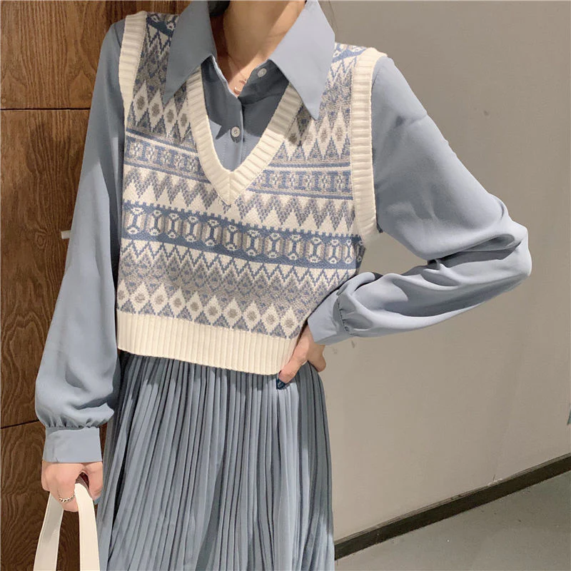 deanwangkt Vintage Argyle Knitted Vest Women V-Neck Sleeveless Oversized Pullovers Female Waistcoat Tops Autumn Casual Loose Sweater Vest - Deanwangkt