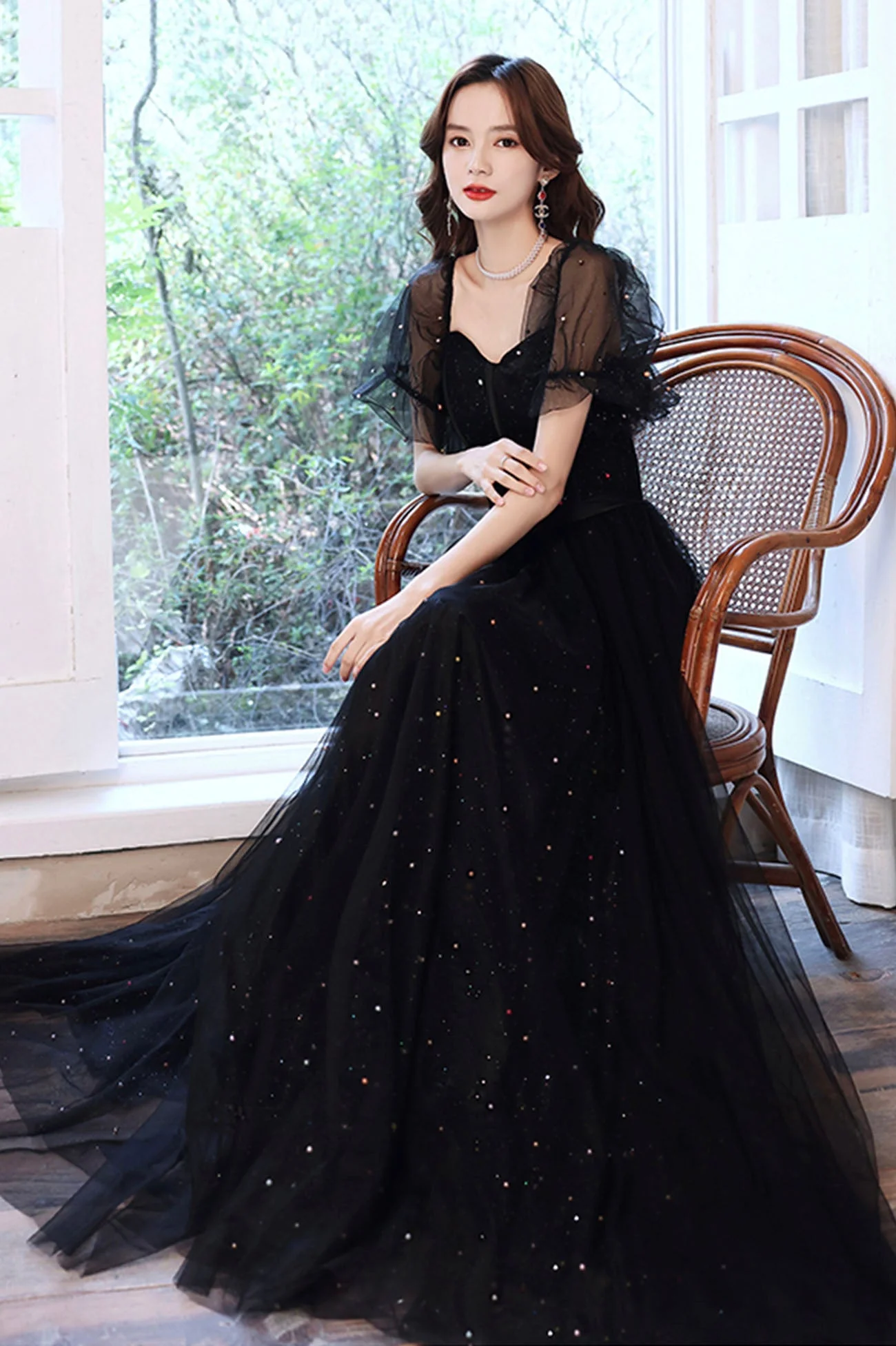 solvbao Black Tulle Long A-Line Prom Dress, Black Party Dress with Sequins - Deanwangkt