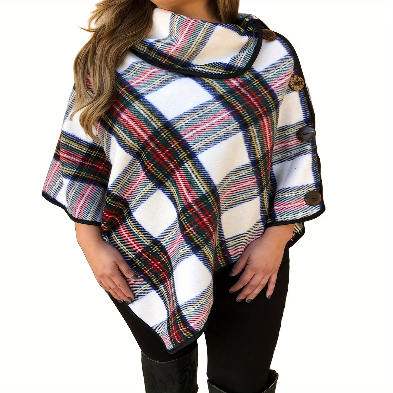 Women's British Button Shawl Multicolor Striped Pullover Poncho Autumn Winter Outerwear Warm Coldproof Cape - Deanwangkt