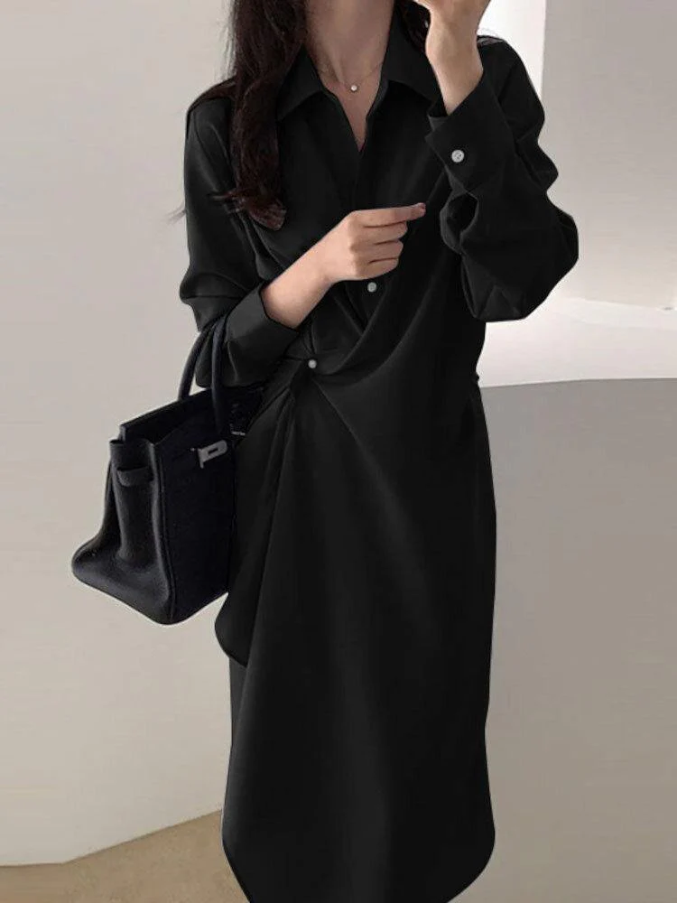 deanwangkt Pure Color Turn-down Collar Long Sleeve Button Irregular Hem Shirt Dress - Deanwangkt