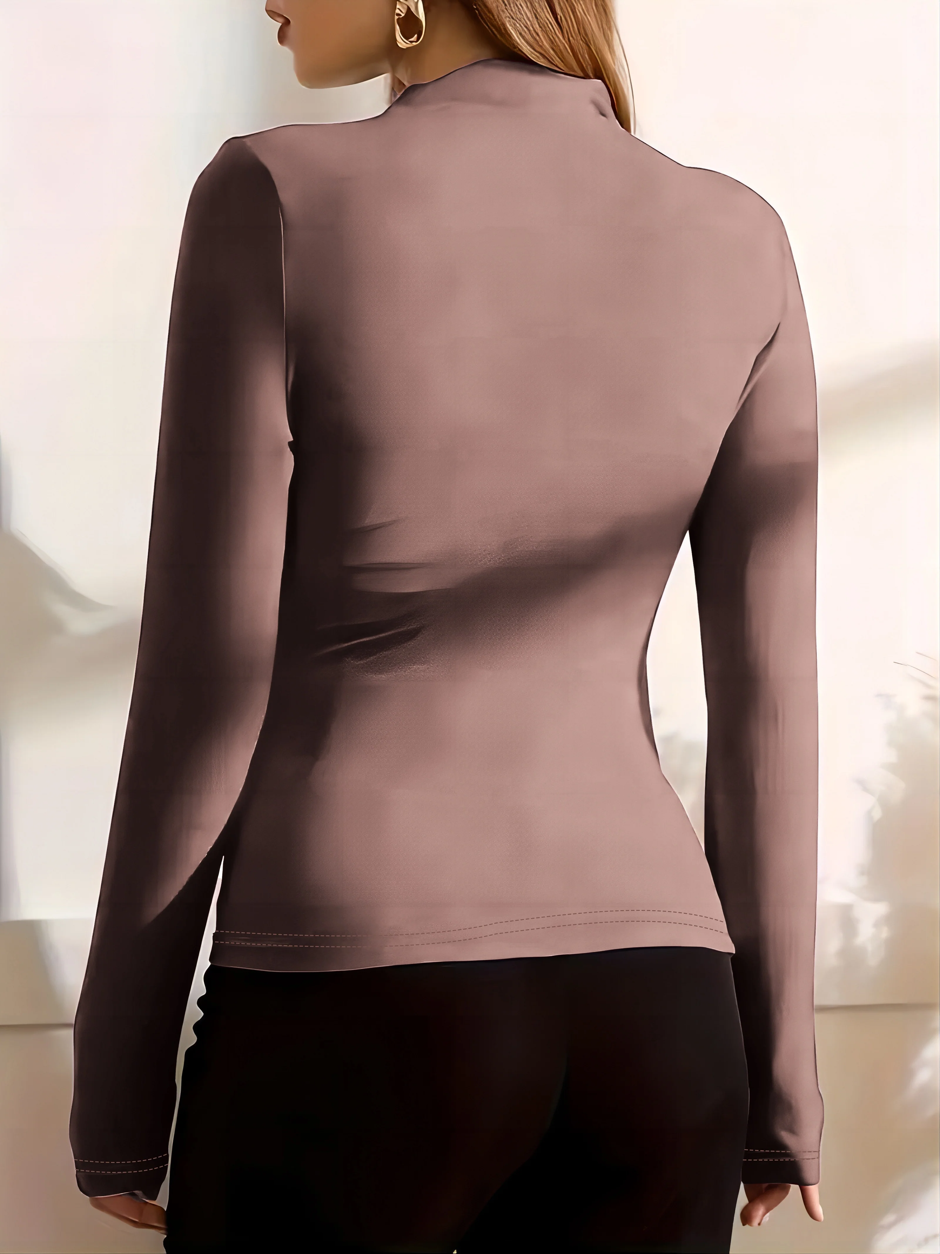 Long Sleeve Ruched T-Shirt, Elegant Solid Top For Fall & Spring, Women's Clothing - Deanwangkt