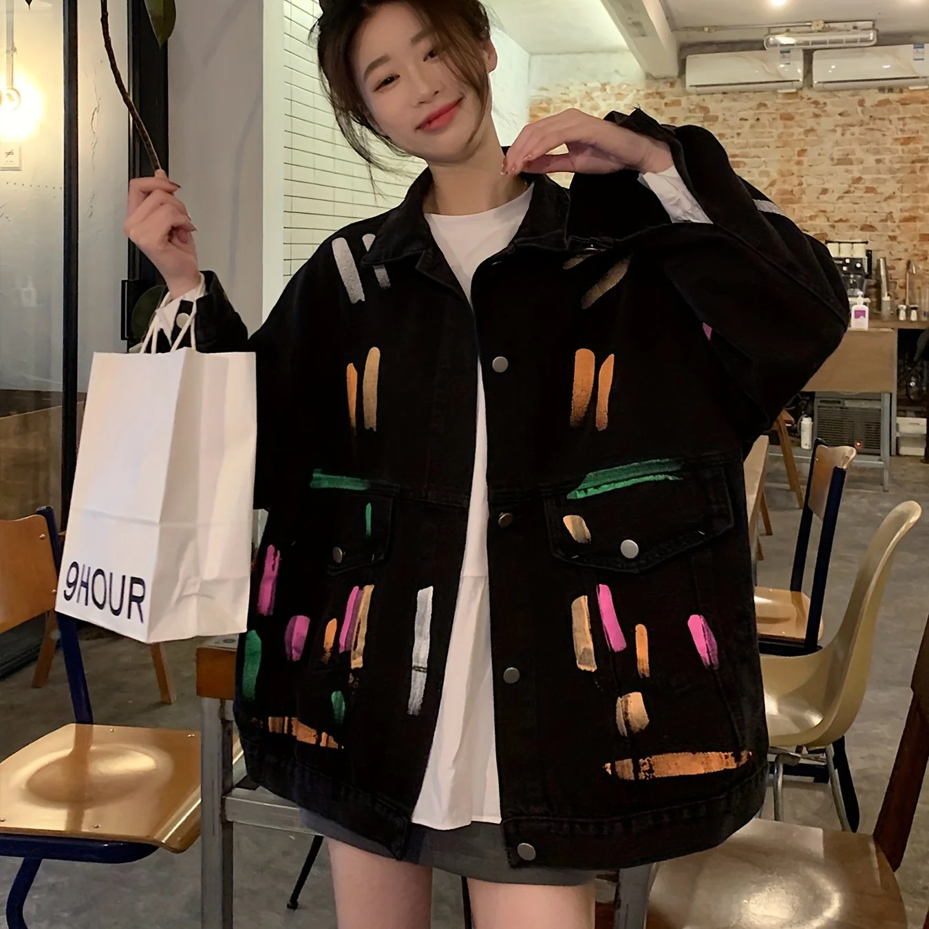 Black Graffiti Chic Denim Coat, Long Sleeves Loose Fit Lapel Denim Jacket, Women's Denim Clothing - Deanwangkt