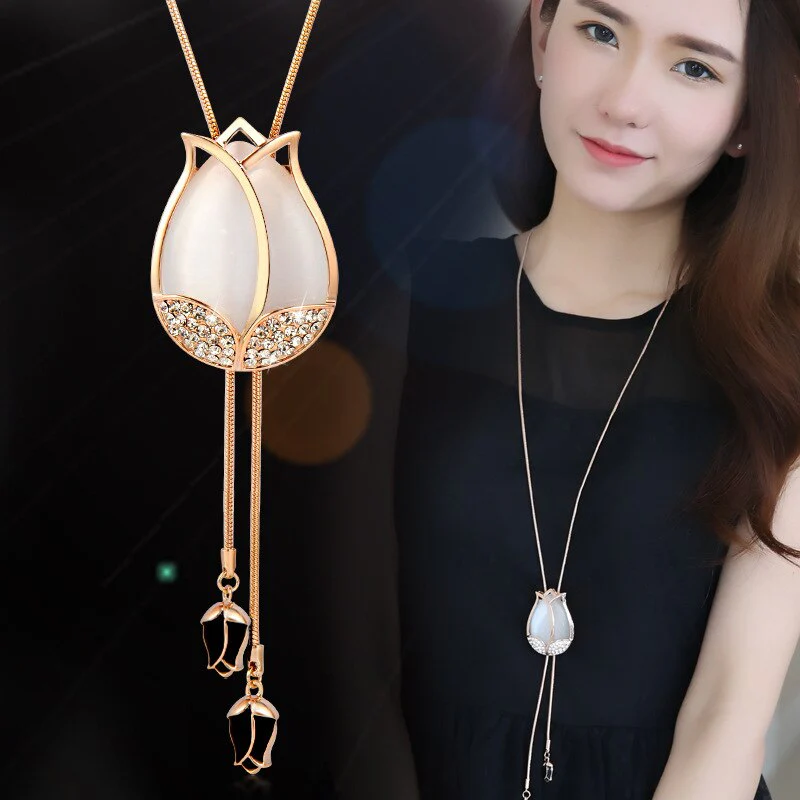 DEANWANGKT Fashion Long Chain Sweater Necklaces & Pendants for Women Blue Opal Rhinestone Flower Pendant Necklace Female Jewelry - Deanwangkt