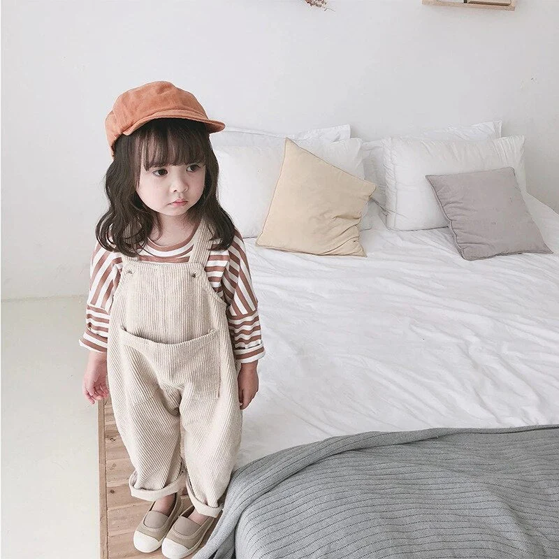 Spring Korean style Baby Girls Corduroy Loose Overalls Toddler Kids Casual All-match Suspender Trousers Little Princess Bib Pant - Deanwangkt