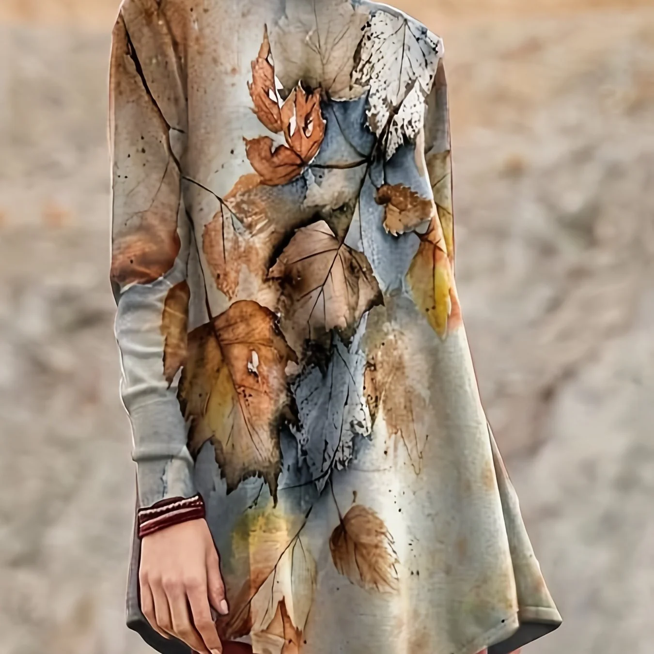 Plus Size Casual Top, Women's Plus Maple Leaf Print Long Sleeve High Neck Medium Stretch Tunic Top - Deanwangkt